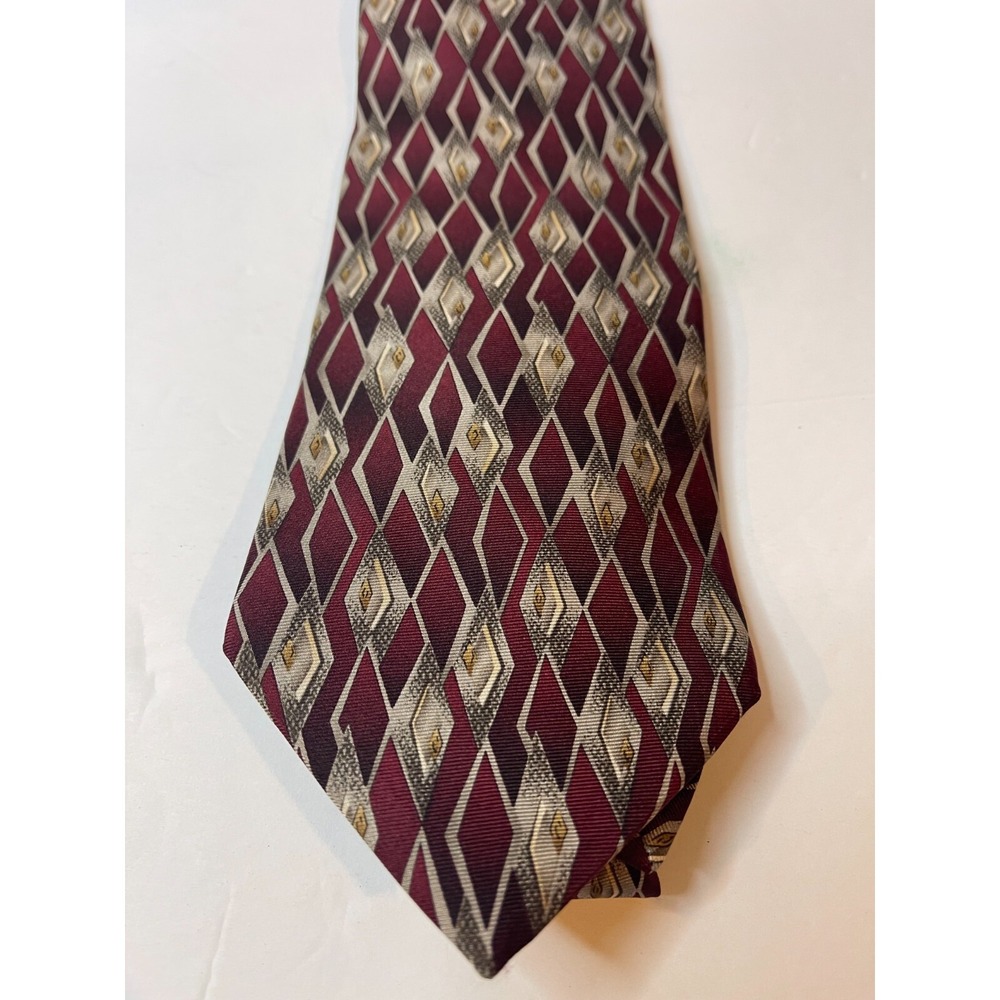 Arrow Mens Silk Necktie Burgundy Grey Gold Geometric Diamond Pattern Classic Tie